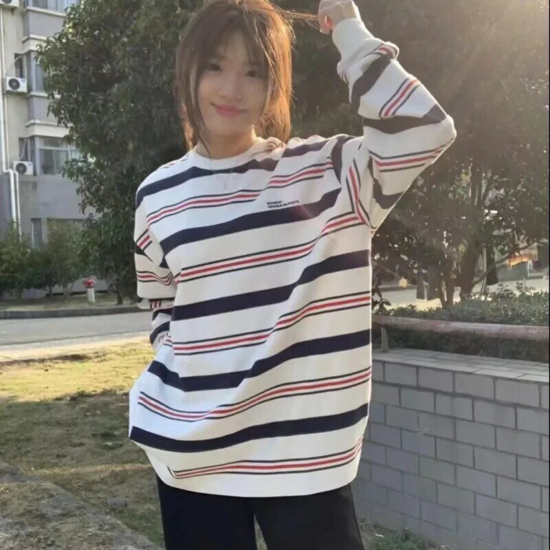 Kaus sweter bergaris model Korea, atasan Y2K longgar lengan panjang, kaus bordir huruf Harajuku, kaus lengan panjang model Korea, baju atasan wanita bergaris