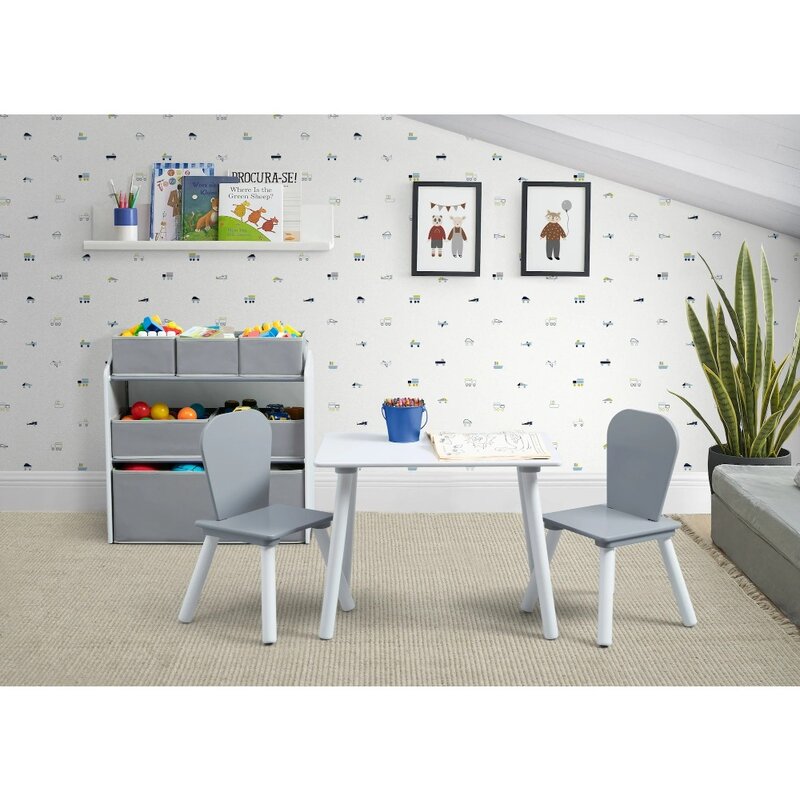 4-Piece Toddler Playroom Set – Includes Play Table with Dry Erase Tabletop and 6 Bin Toy Organizer, Light Grey/Dark Grey