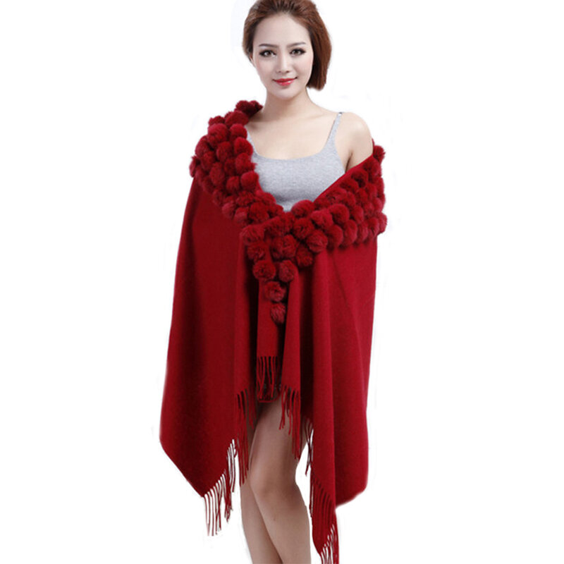 2022 Winter Cashmere Wool Pashmina Scarf Muffler Woman Autumn Winter Wool Shawl With Real Rabbit Fur Pompoms
