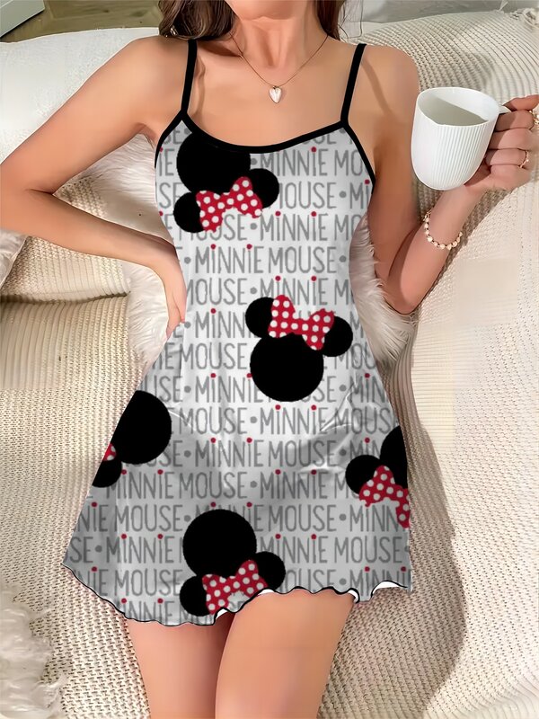Vestidos Elegantes con ribete de lechuga para mujer, vestido Sexy de Disney, Minnie Mouse, falda de pijama de superficie de satén de Mickey, Mini embellecedor elegante
