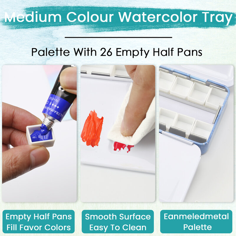 Watercolor Palette Empty w/Removable Paint Tray & 26PCS Empty Watercolor Half Pans - Travel Watercolor Palette with Lid