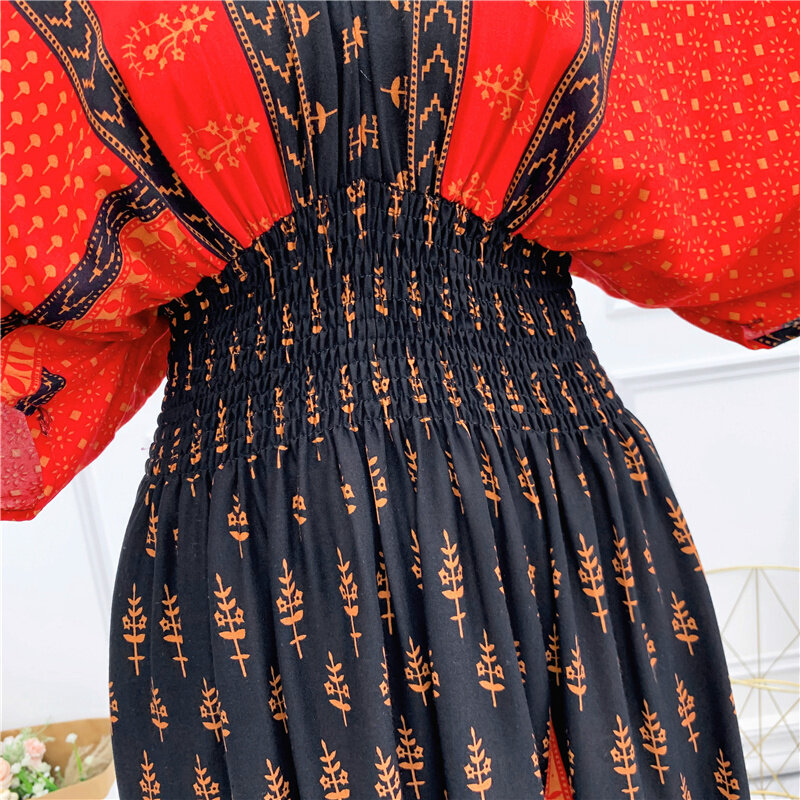 Женское длинное платье с поясом на резинке, повседневное элегантное платье в богемном национальном стиле ретро с V-образным вырезом и широкой юбкой, одежда для лета