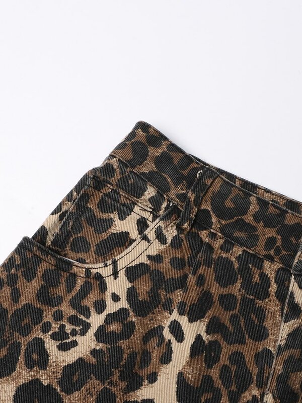 TWOTWINSTYLE calças de ganga de leopardo oco para mulheres de cintura alta emendadas com pernas largas de bolso