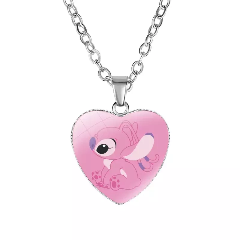 Kalung Disney Lilo & Stitchs Anime Stitch hati kalung foto dicetak liontin kaca lucu untuk anak-anak aksesoris hadiah perhiasan