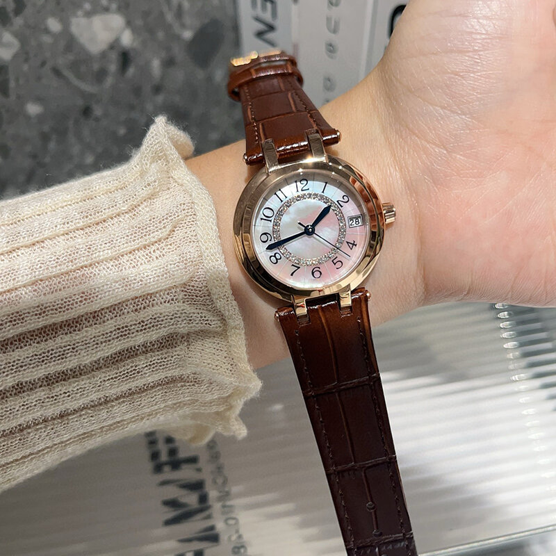 Eksplozje 30,5 MM prosty zegarek kwarcowy luksusowy wyrafinowany okrągły zegarek damski kalendarz ze strasami skórzany pasek zegarek temperamentowy