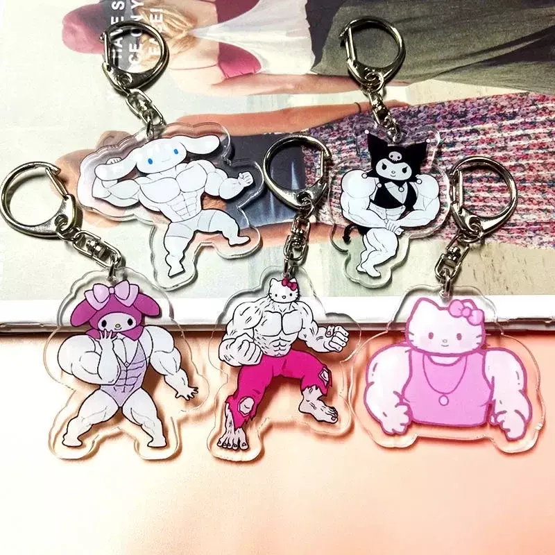 Grappige Spier Sleutelhanger Anime Hello Kittys Kawaii Meisjes Sleutelhanger Fitness Macho Mijn Melodys Rugzak Paar Hanger Speelgoed Cadeau