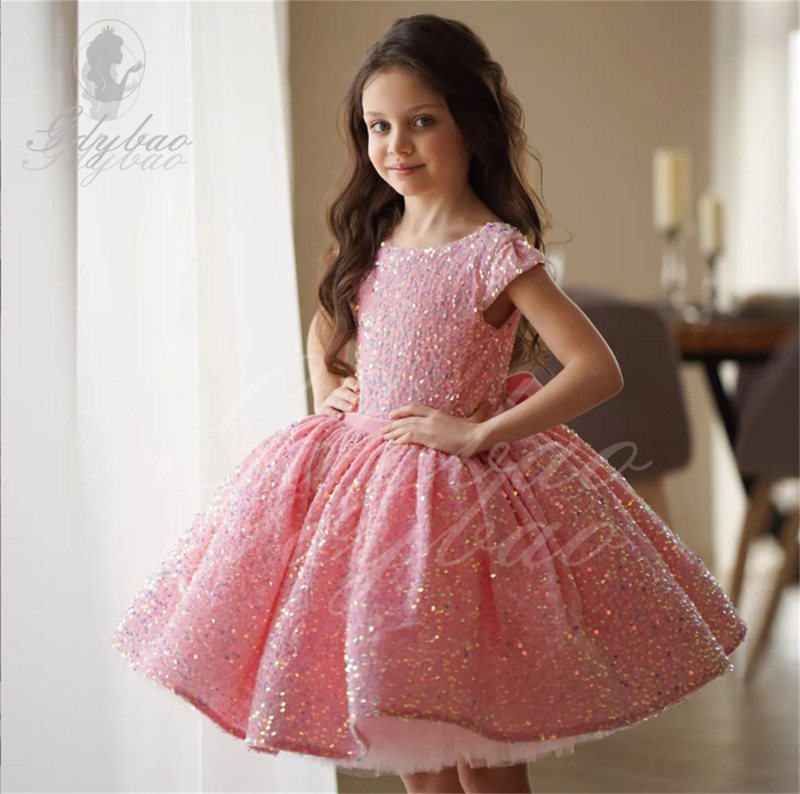 Pink velvet sequins Child Pageant Ball Gown Birthday Party Dress for Girls with Pearls and Weddings Parties Kids Formal Dresses