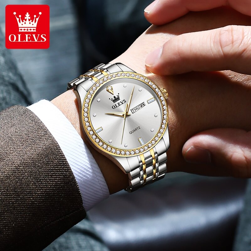 OLEVS jam tangan kuarsa bercahaya pria, arloji Fashion tanggal pekan baja tahan karat tahan air berlian mewah untuk pria