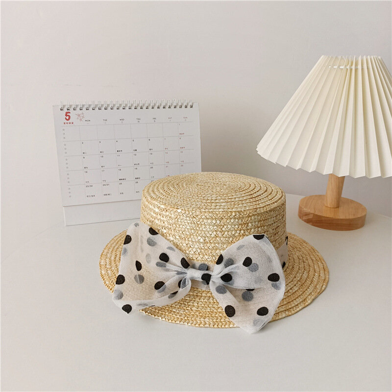 French Style Polka Dot Bowknot Straw Hat For Girls Summer Outdoor Sunhat Wheat Straw Beach Hat Straw Bag Child Fashion Accessory