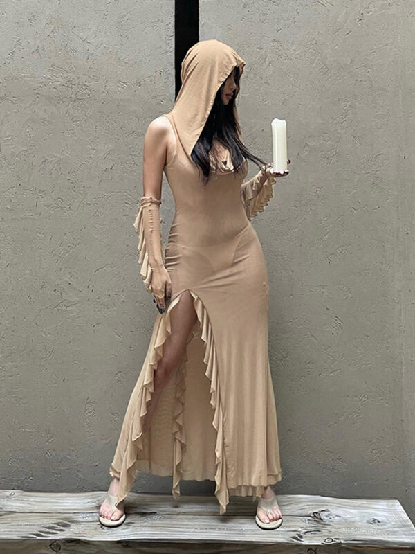 Sexy Kapuze Frauen Kleid durchsichtig mit Rüschen Handschuhe Seite geteilt unregelmäßig dünn ärmellose Party Clubwear Bodycon