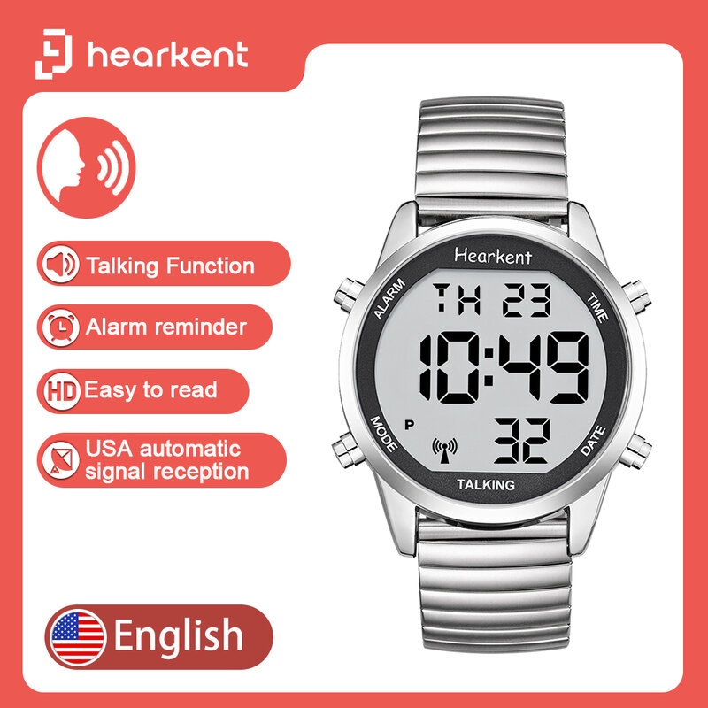 Relógio Hearkent-Talking para visualmente imset, relógios digitais, display LCD, números grandes, cinta de nylon cega, relógios de pulso idosos