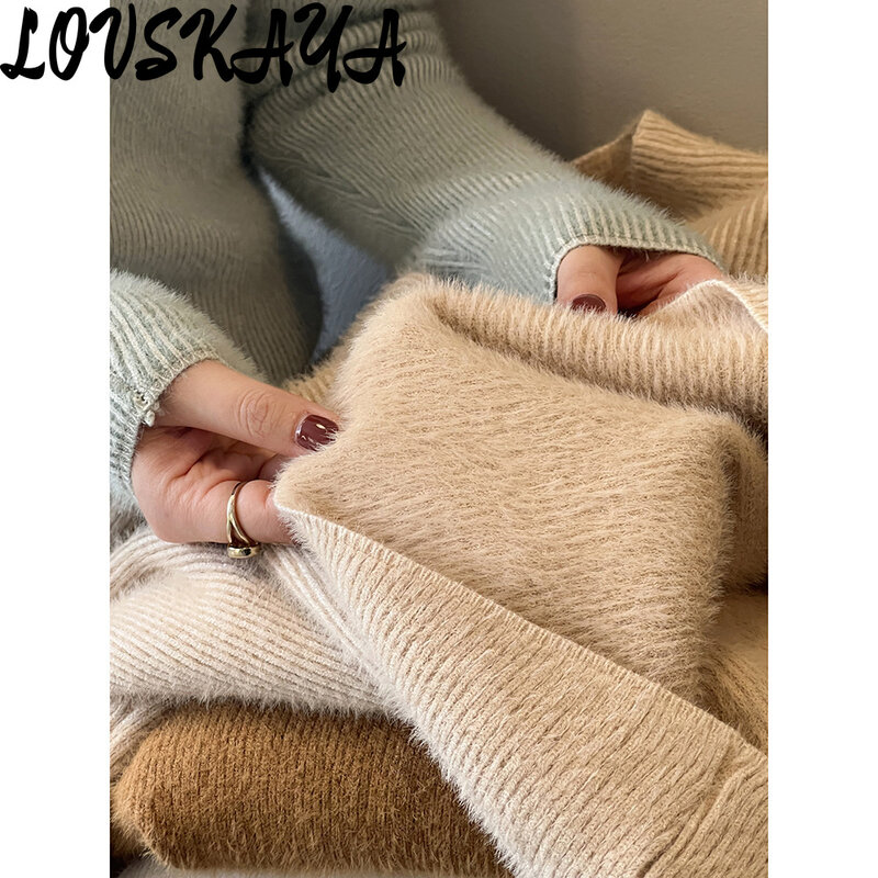 Suéter de malha espessa feminino, encaixe quente e fino, parte inferior superior, macio e pegajoso, imitação de pele de vison, meia gola alta, inverno