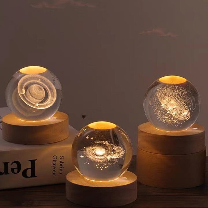 3Dクリスタルボールガラス地球LED暖かい常夜灯、レーザー刻印、ソーラーシステム、グローブ、クラフトベース、誕生日プレゼント、6cm