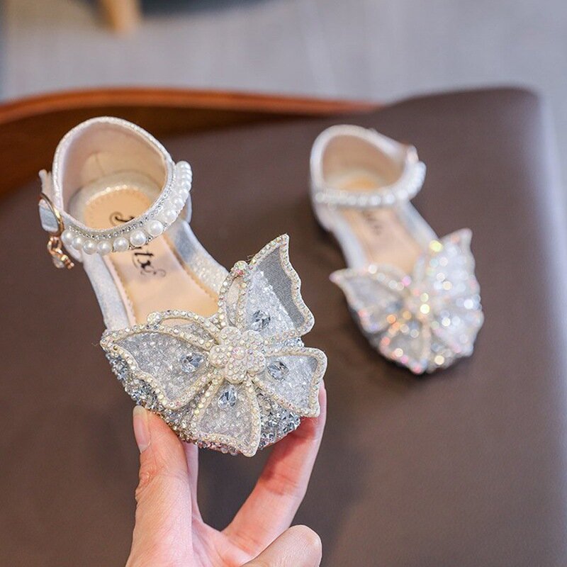 Летние детские сандалии в Корейском стиле для девочек, обувь принцессы с бантом, модная Милая обувь с блестками для танцев и представлений