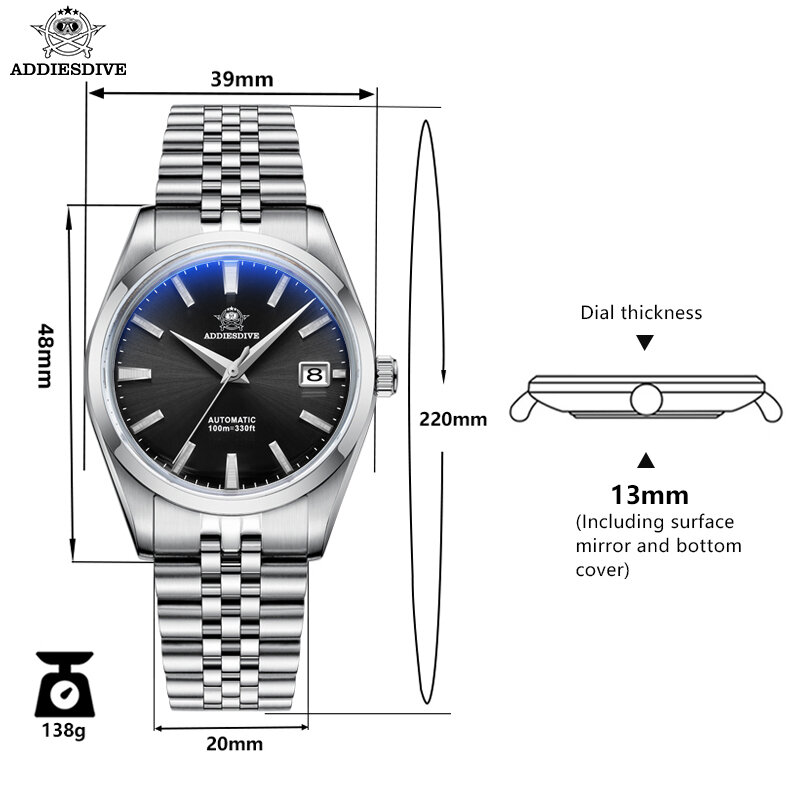 ADDIESDIVE-Relógio mecânico automático para homens, mostrador preto e branco, calendário de aço, relógios de mergulho, 39mm, AD2029