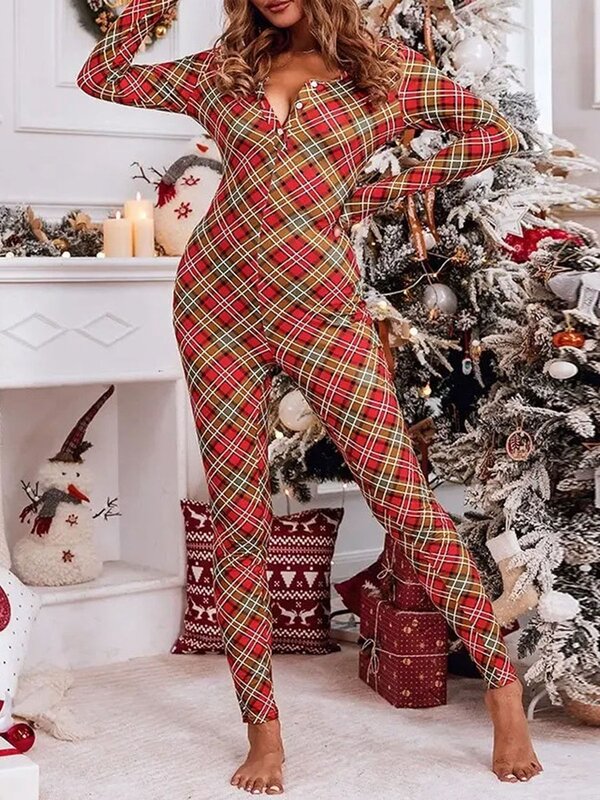Pijama Sexy de Navidad para mujer, mono ajustado de manga larga, ropa de dormir acogedora y fea, Pelele de Pjs de Navidad