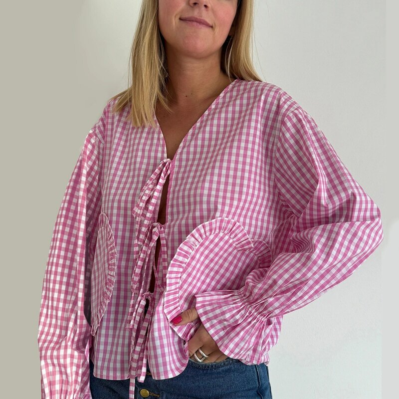 Camisa con estampado a cuadros para mujer, Top de manga larga con lazo frontal, cuello en V, holgado, informal, con bolsillo de corazón