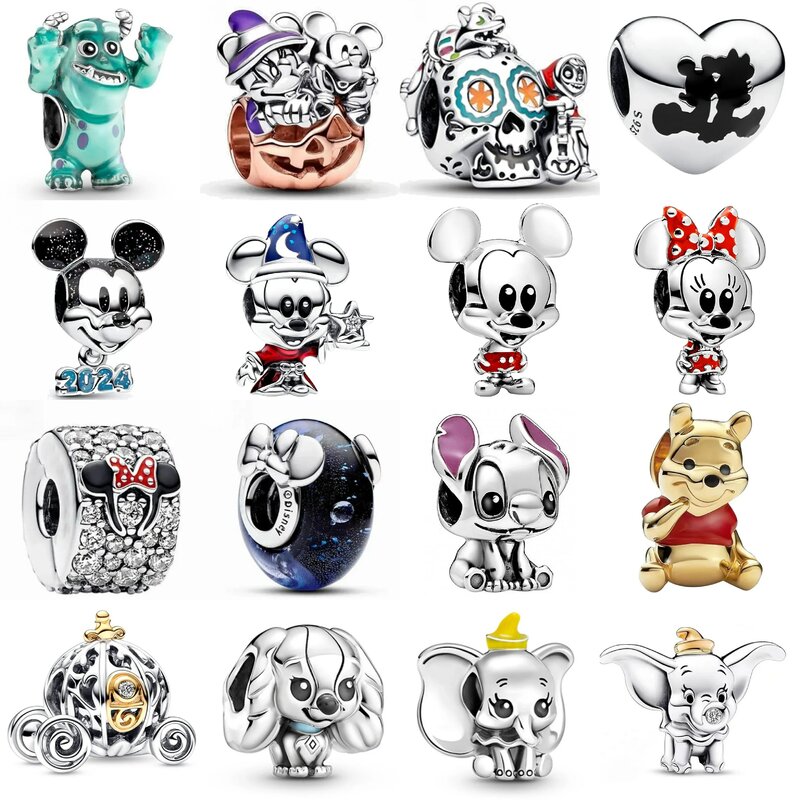 925 Sterling Silver Charm Beads, Disney 100 Aniversário, Mickey, Minnie, Dumbo, se Encaixa Pulseira Pandora Original