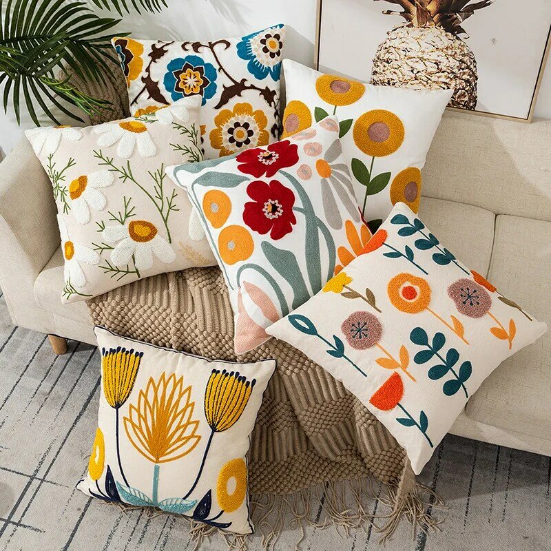 Juste de coussin brodée de fleurs de style pastChev, housse de coussin de canapé de salon, taille simple, literie, taie d'oreiller, 45x45cm