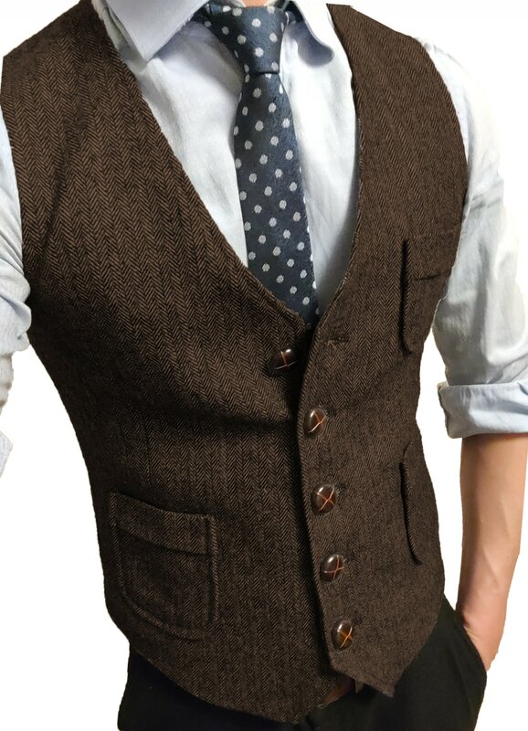 Men Vest Green Formal Suit V-neck Tweed Herringbone Waistcoat Business For Wedding Evening Party Prom Suit Vests