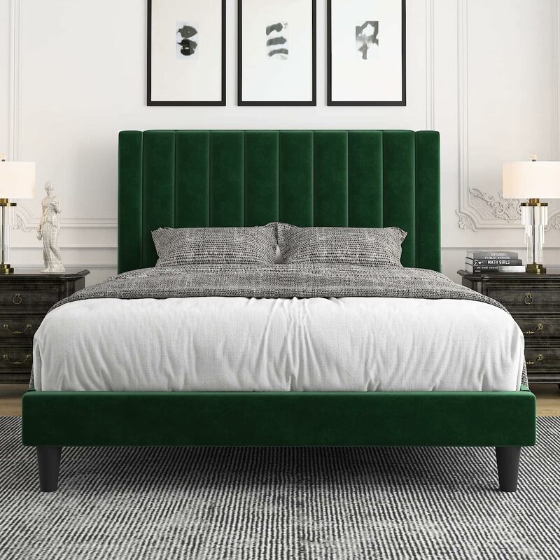 Cadre de lit double rembourré en velours avec canal vertical, tête de lit en plexus, ressort en option pour un assemblage facile, vert