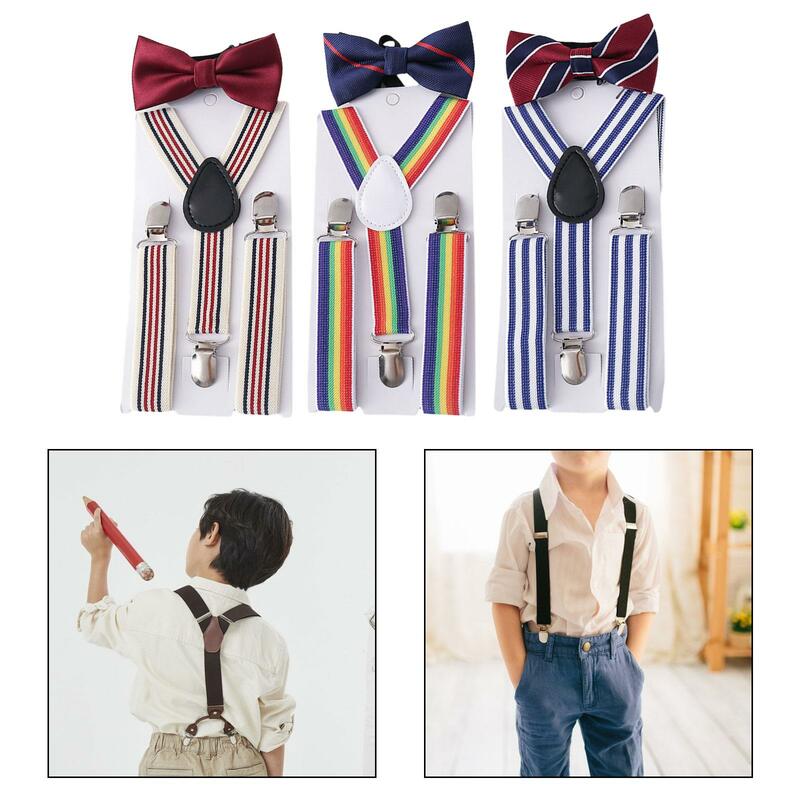 Kids Suspender Bow Tie Set Pants Suspender Boys Girls 3 Clips Elastic Adjustable Y Back Brace for Dance Costume Party Jeans