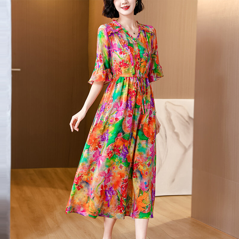 2024 Spring New Silk Satin Short sleeved Printed Dress for Women V-neck Loose Large Size Slimming Summer Long A-line Skirt