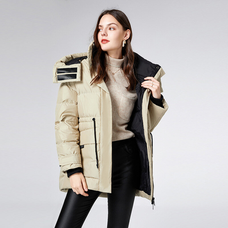 여성용 짧은 다운 재킷, 긴팔 후드, 화이트 덕다운, 두꺼운 재킷