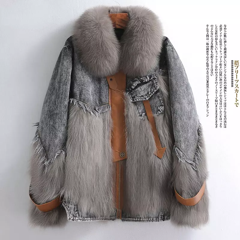 Fashion mantel bulu rakun Korea dan Jaket Wanita pakaian musim gugur dan musim dingin mantel bulu mantel Denim jaket kerah bulu rubah Zm1121