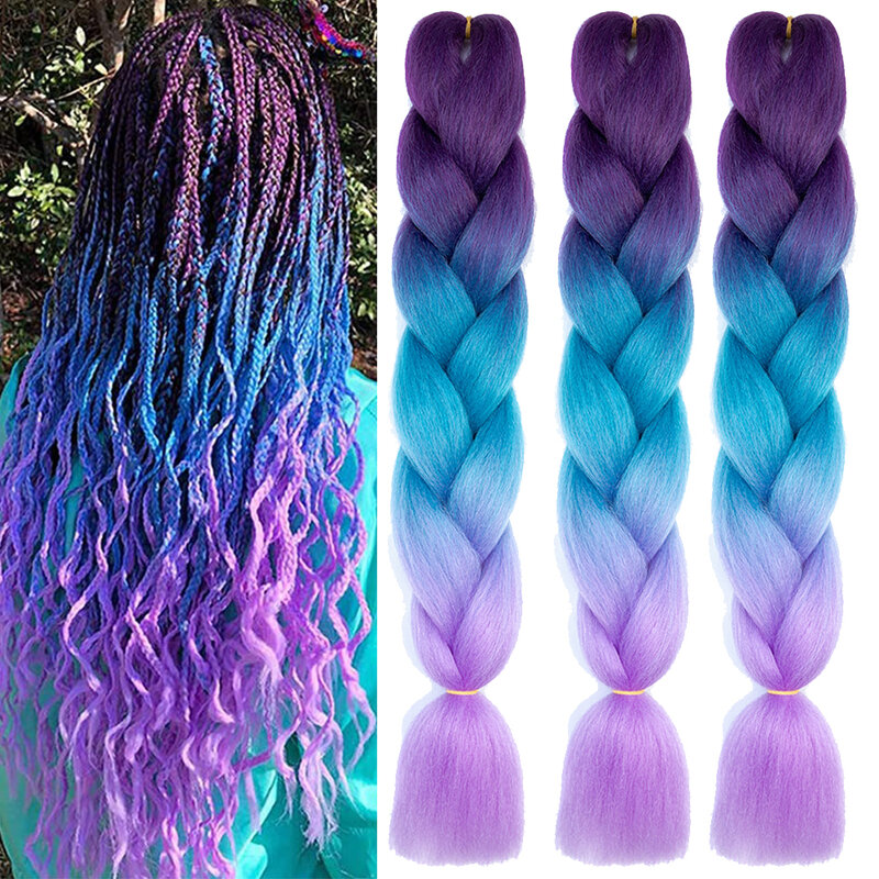 Paquetes de cabello trenzado sintético Ombre para mujeres, cabello trenzado Jumbo, peinado DIY, azul y gris, venta al por mayor