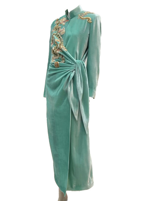 Vestido de terciopelo verde de estilo chino de diosa elegante y suave a la moda