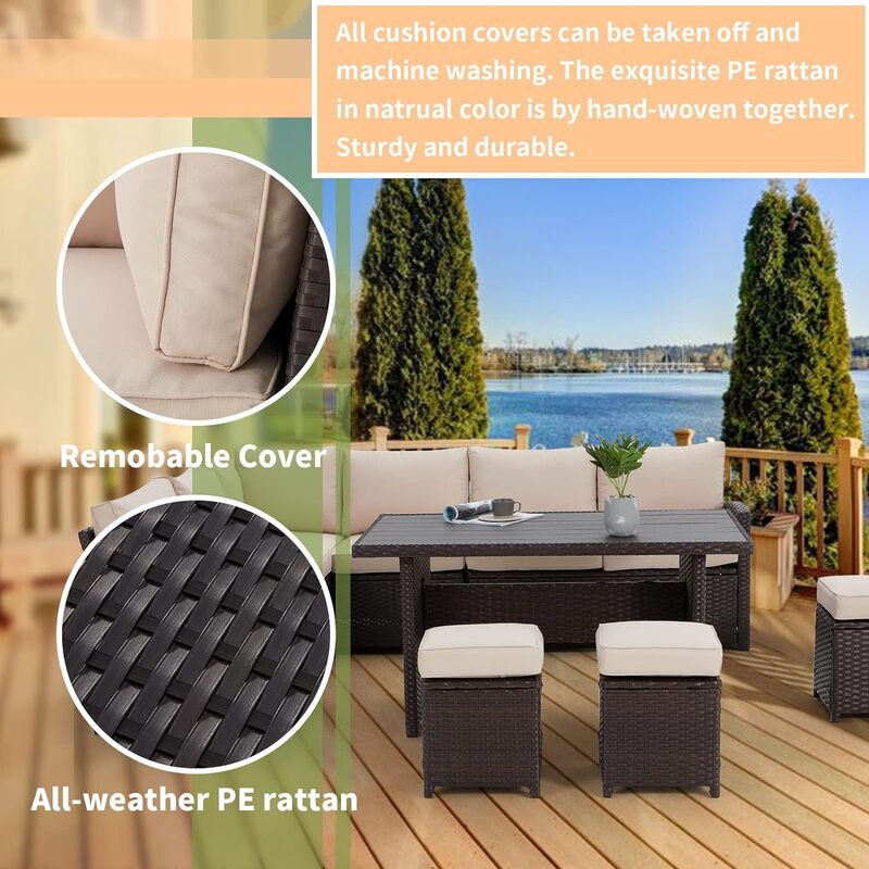 Set di mobili da giardino da 7 pezzi Set di conversazione per divano componibile da esterno per tutte le stagioni divano in vimini e Rattan tavolo da pranzo e sedia
