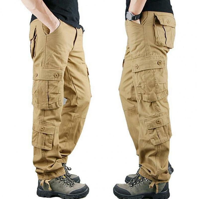 Calças masculinas multi-bolso de carga, roupa diária, treinamento ao ar livre, cor sólida, calças soltas, roupas de rua plus size