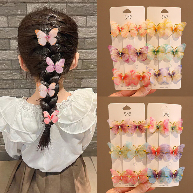 Clipes coloridos de cabelo borboleta para meninas, acessórios simulados de fadas, adornos doces, grampos infantis, fofos, 6 peças
