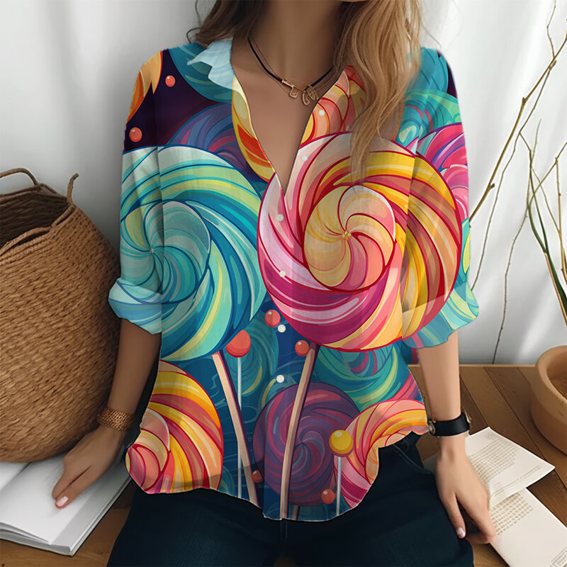 Рубашка в стиле Харадзюку с длинными рукавами и 3D-принтом леденцов, Уличная Повседневная рубашка на весну и осень, женская рубашка на пуговицах с лацканами