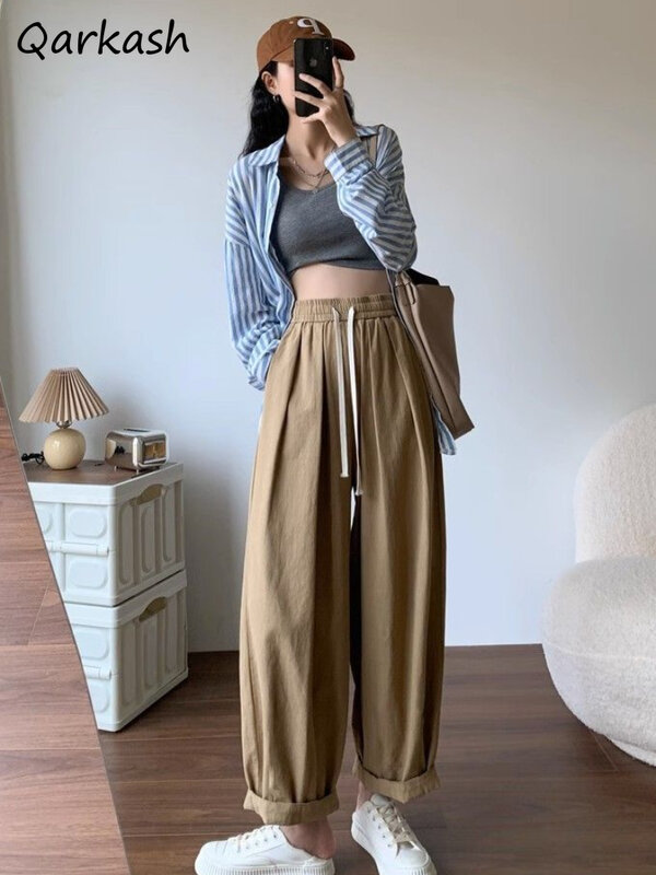 Pantalones holgados de estilo Vintage para mujer, pantalón informal de uso diario con bolsillos, sencillo, elegante y acogedor, con cordón especial, novedad