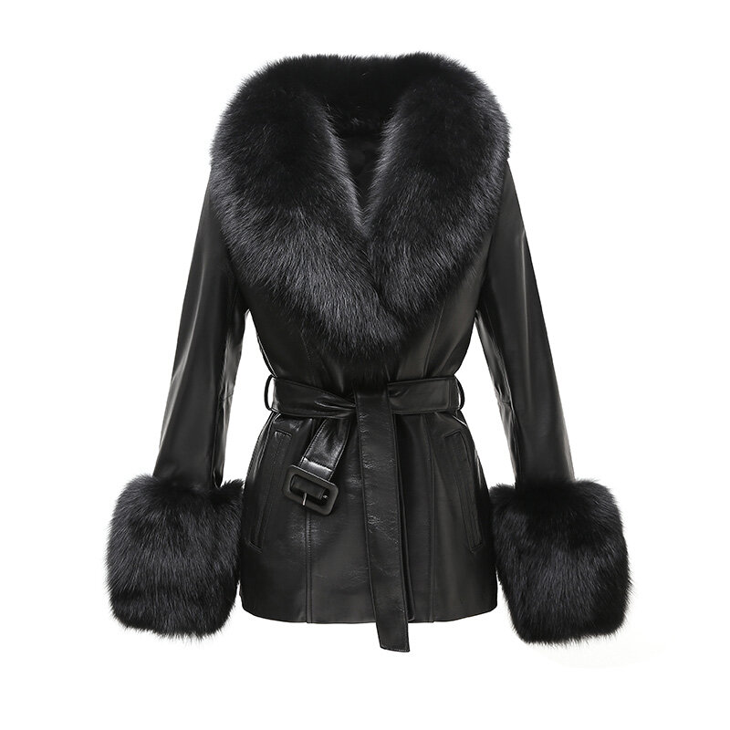 2023 New Autumn Winter Fox Fur Collar Real Leather Jacket Women Lady Streetwear Leather Coats FG5077