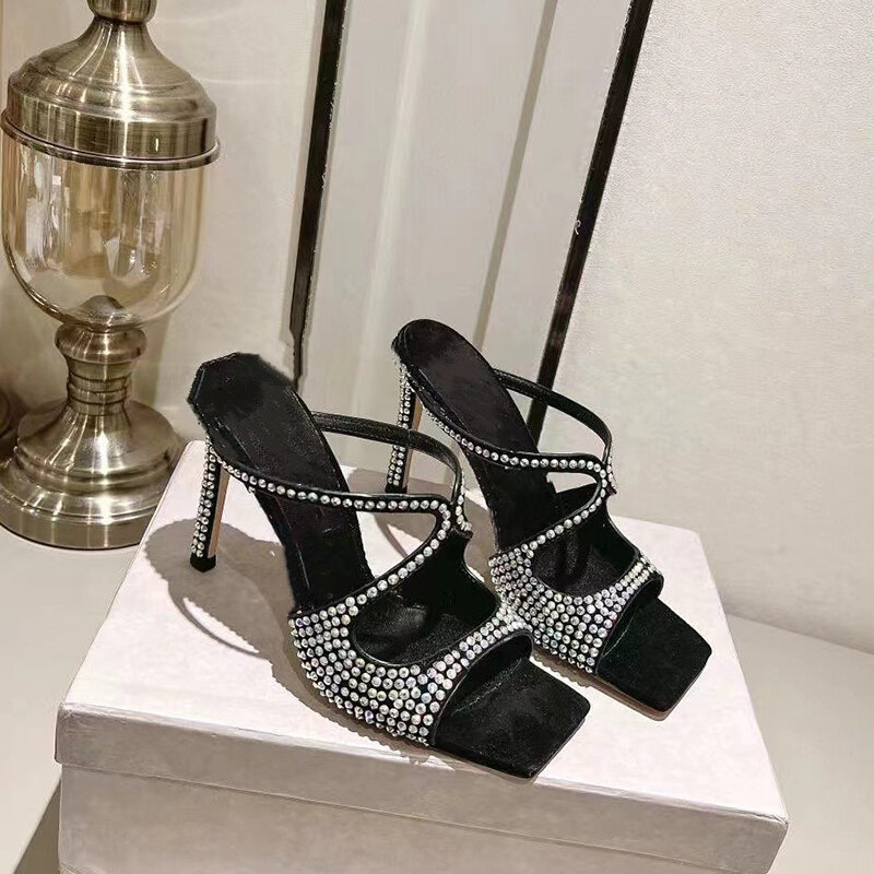 FANSAIDI 2023 nuove scarpe donna estate moda punta quadrata albicocca cristallo strass pantofole Sexy tacchi a spillo taglia grande 42 43