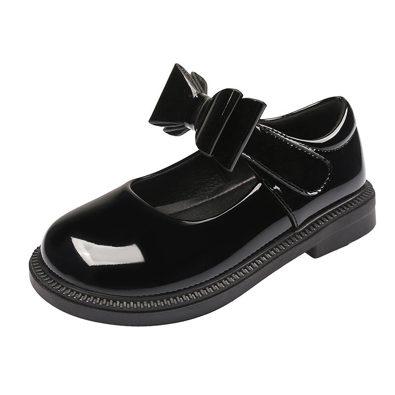 Кожаные туфли для девочек, универсальные туфли на липучке, глянцевые, для школы и студентов, черные, для осени
