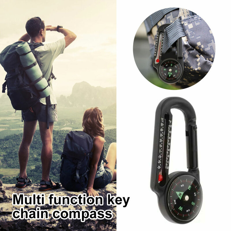 Boucle d'alpinisme en plein air, boussole pointeur Mini porte-clés thermomètre boussole crochet de clé outils de Camping boussole mousquetons