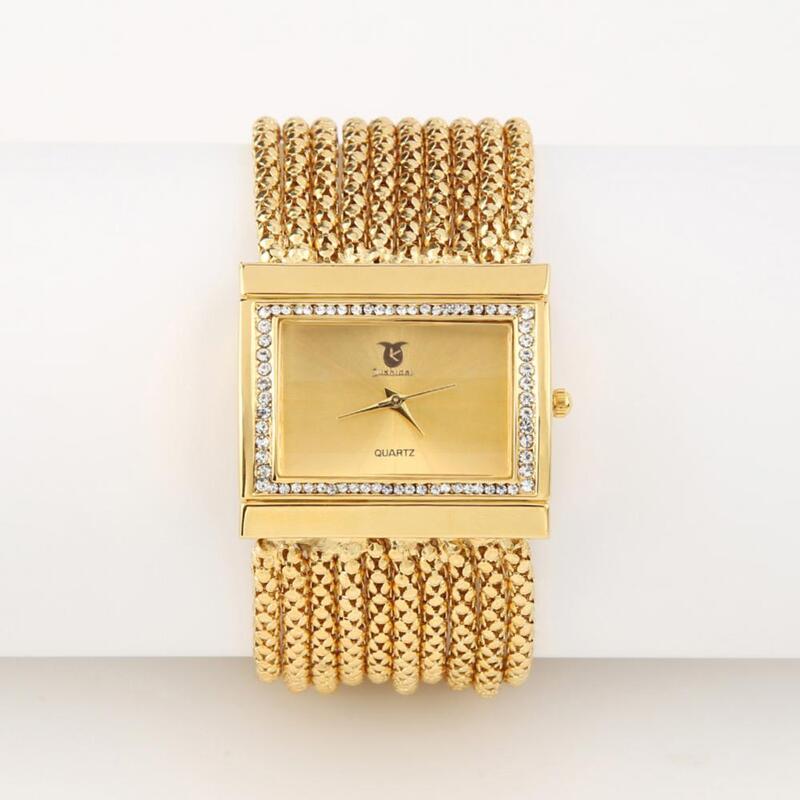 Relojes de pulsera con cuentas de aleación para mujer, reloj de pulsera de cuarzo analógico multicapa de lujo, banda dorada
