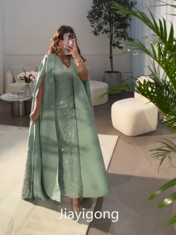 Jiayigong exquisite V-Ausschnitt A-Linie Abendkleider Paille tte gestohlen Bolero Satin Anke Länge benutzer definierte Kleid