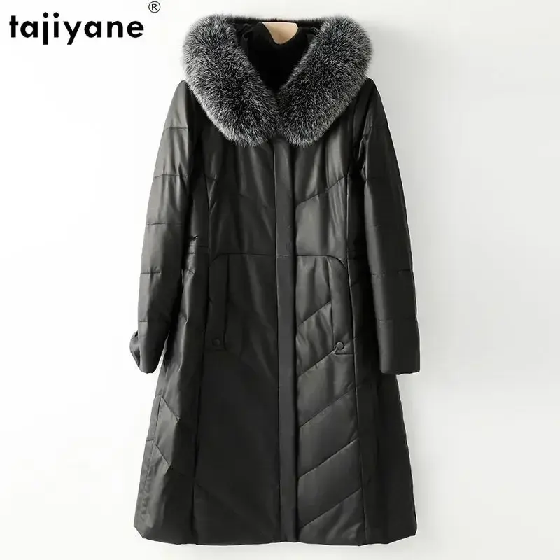 Tajiyane-女性用本革ジャケット,シープスキンコート,キツネの毛皮の襟,ロングコート,冬,2023