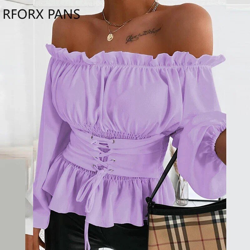 Повседневная Блузка с открытыми плечами, на шнуровке, с оборками спереди, весенние топы и блузки, размера плюс