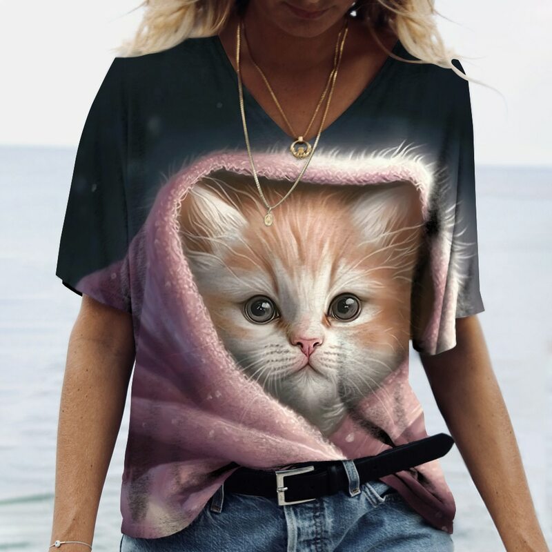 여성용 귀여운 고양이 프린트 티셔츠, 소녀 Y2K 의류, 여름 반팔 티, V넥 캐주얼 휴가 티셔츠, 3D