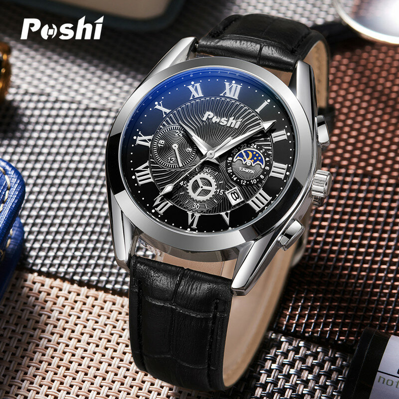 POSHI New Watch Fashion Men's Watches Simple Elegant Quartz Wristwatch Calendar Display Leather Strap Original Clock for Man