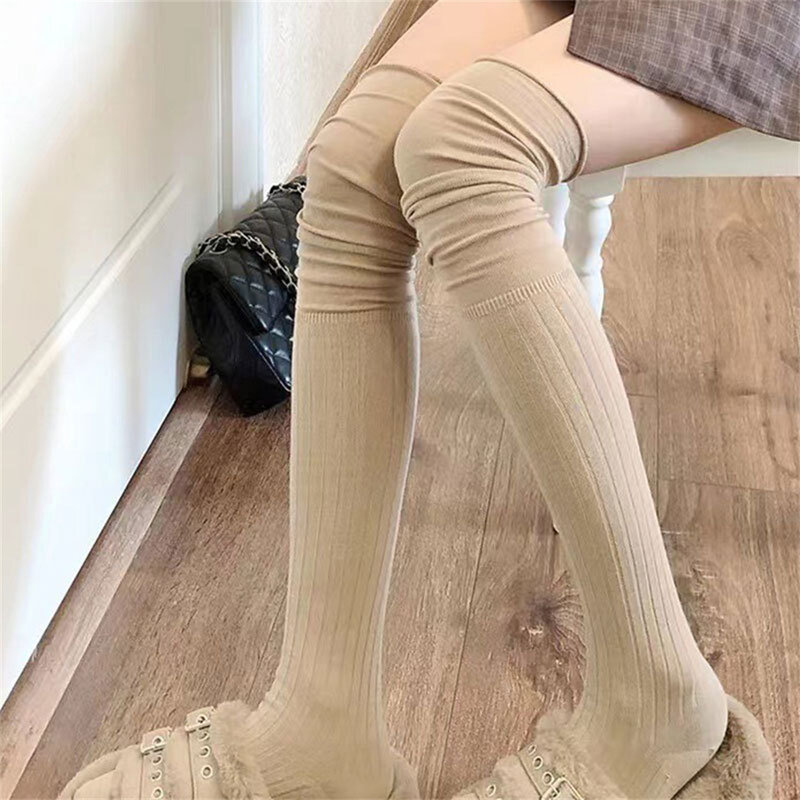 Kaus kaki panjang wanita stoking paha polos stoking kasual katun tinggi di atas lutut berbulu panjang Aksesori kaus kaki lutut