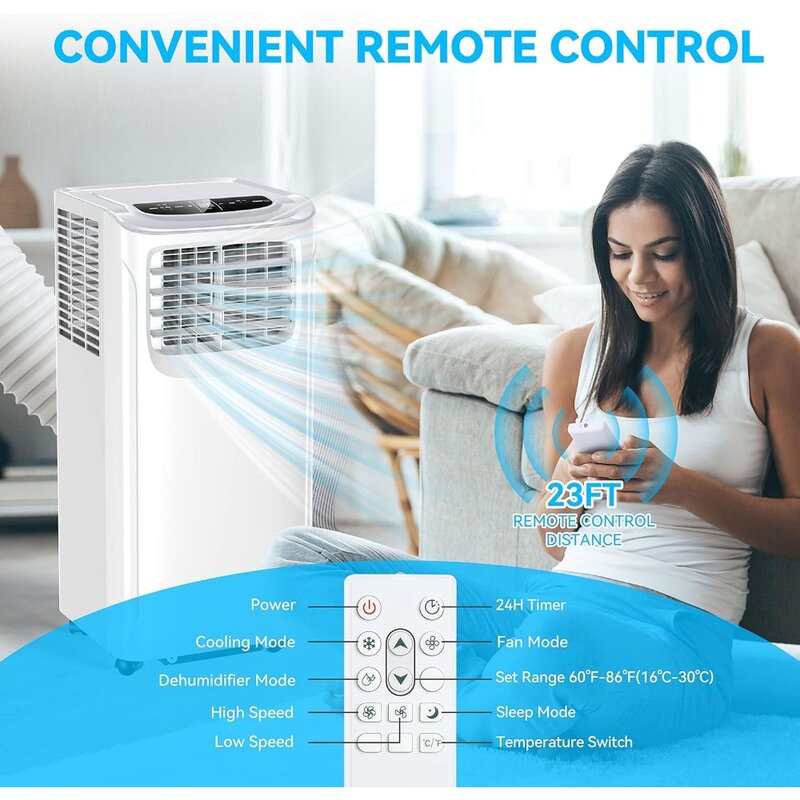 Three in one portable air conditioner with remote control, dehumidifier and fan mode, suitable for rooms below 350 square feet