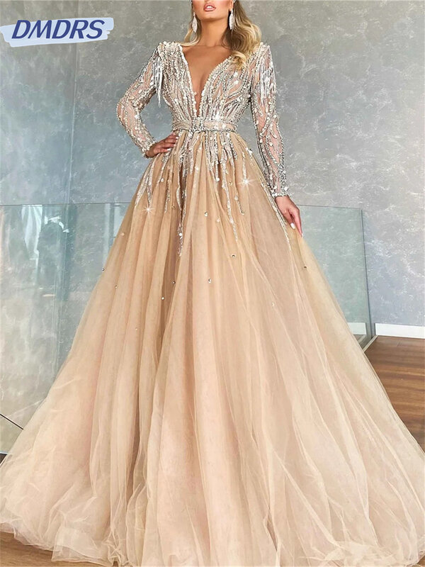 Luxurious Beaded A-Line Prom Dress 2024 Sexy Deep V-Neck Evening Dresses Charming Tulle Floor Length Gowns Vestidos De Novia