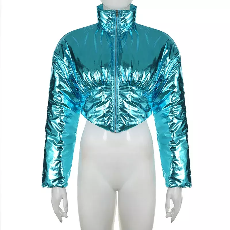 Metallic Blue Color Parkas Motorcycle Style Winter Jackets for Women 2023 Warm Plastic Waist Irregular Zipper Lapel Short Coat